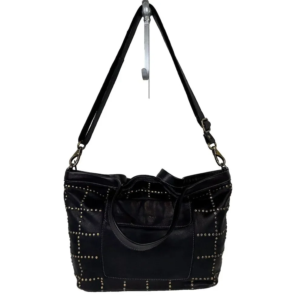 Latico NJ Free People Colin Leather Tote Bag Black Studded Mixed Metal Shoulder